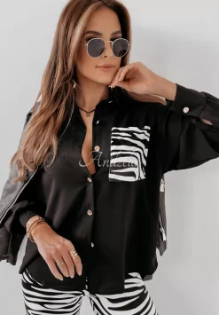 Asymetryczna Koszula Oversize Z Kieszenia W Zebre Shantala Czarna