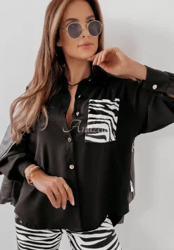 Asymetryczna Koszula Oversize Z Kieszenia W Zebre Shantala Czarna