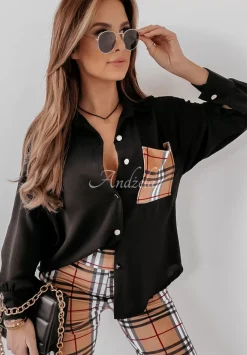 Asymetryczna Koszula Oversize Z Kieszenia W Krate Shantala Czarna