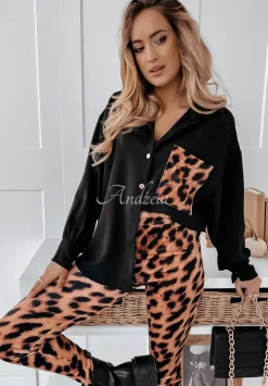 Asymetryczna Koszula Oversize Z Kieszenia W Panterke Shantala Czarna