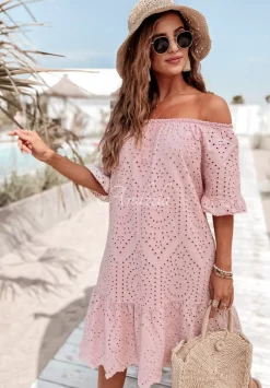 Azurowa Sukienka Hiszpanka Boho Eldora Pudrowy Roz