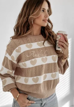 Azurowy Sweter W Serca I Heart This Camelowy