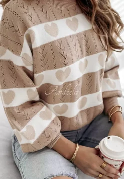 Azurowy Sweter W Serca I Heart This Camelowy
