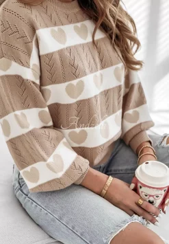Azurowy Sweter W Serca I Heart This Camelowy