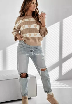 Azurowy Sweter W Serca I Heart This Camelowy