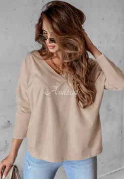 Bluzka Oversize Z Dekoltem The Base Bezowa
