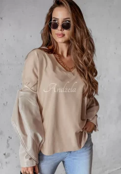 Bluzka Oversize Z Dekoltem The Base Bezowa