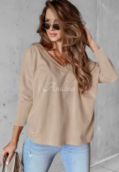 Bluzka Oversize Z Dekoltem The Base Bezowa