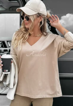 Bluzka Z Ozdobnym Dekoltem Basic Bliss Bezowa