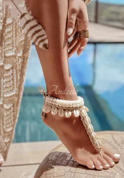 Bransoletka Na Kostke Z Perelkami I Muszelkami Hand Made Bali Jasnobezowa