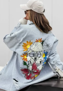 Dluga Kurtka Jeansowa Z Przetarciami I Nadrukiem Flowers Skull Jasnoniebieska