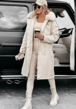 Dluga Kurtka Parka Z Futerkiem White Oaks Bezowa
