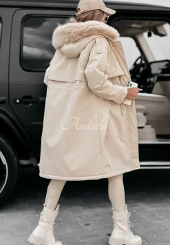 Dluga Kurtka Parka Z Futerkiem White Oaks Bezowa