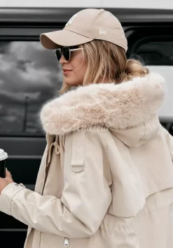 Dluga Kurtka Parka Z Futerkiem White Oaks Bezowa