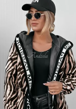 Dluga Kurtka W Zebre Shanti Bezowo-Czarna