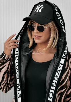 Dluga Kurtka W Zebre Shanti Bezowo-Czarna
