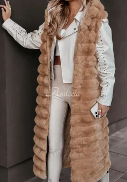 Dluga Pikowana Kamizelka Z Imitacji Futra Winterland Camelowa