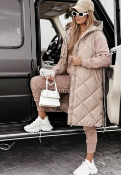 Dluga Pikowana Kamizelka Cold Days Bezowa
