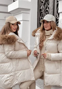 Dluga Pikowana Kurtka Happy Season Ecru