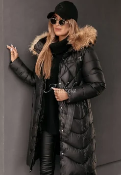 Dluga Pikowana Kurtka Z Futerkiem Hello Cold Days Czarna