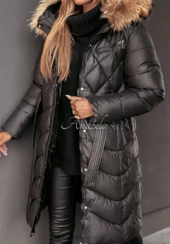 Dluga Pikowana Kurtka Z Futerkiem Hello Cold Days Czarna