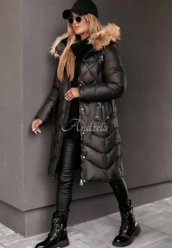 Dluga Pikowana Kurtka Z Futerkiem Hello Cold Days Czarna