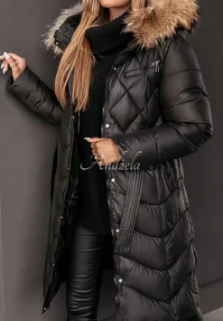Dluga Pikowana Kurtka Z Futerkiem Hello Cold Days Czarna