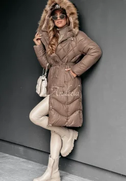 Dluga Pikowana Kurtka Z Futerkiem Hello Cold Days Czekoladowa