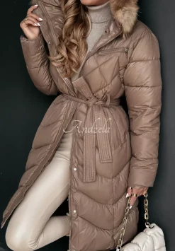 Dluga Pikowana Kurtka Z Futerkiem Hello Cold Days Czekoladowa