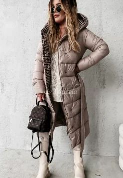 Dluga Pikowana Kurtka Z Kapturem Rinna Bezowa