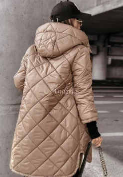 Dluga Pikowana Kurtka Z Kapturem Feeling Of Winter Bezowa
