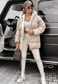 Dluga Pikowana Kurtka Z Kapturem Cold Weather Bezowa