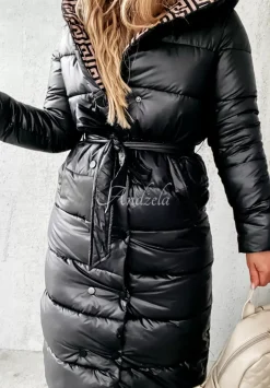Dluga Pikowana Kurtka Z Kapturem Rinna Czarna
