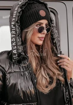 Dluga Pikowana Kurtka Z Kapturem Stripe The Black Czarna