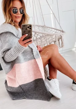 Dlugi Kardigan Oversize Z Kapturem Debby Pudrowy Roz