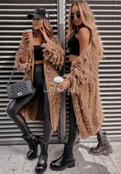 Dlugi Kardigan Z Fredzlami Fringe Camelowy