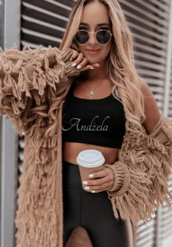 Dlugi Kardigan Z Fredzlami Fringe Camelowy