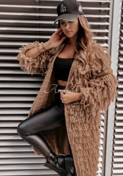 Dlugi Kardigan Z Fredzlami Fringe Camelowy