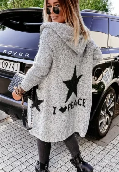 Dlugi Kardigan Z Kapturem Cocomore I Love Peace Szary