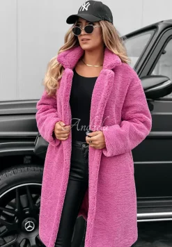 Dlugi Plaszcz Z Imitacji Kozucha Spring Rozowy