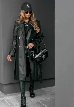 Dlugi Plaszcz Z Imitacji Skory Fall Into Style Czarny