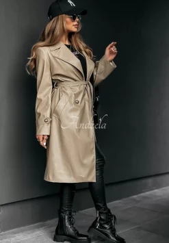 Dlugi Plaszcz Z Imitacji Skory Fall Into Style Bezowy
