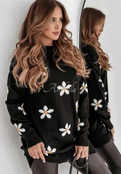 Dlugi Sweter W Kwiaty Daisy Delight Czarny