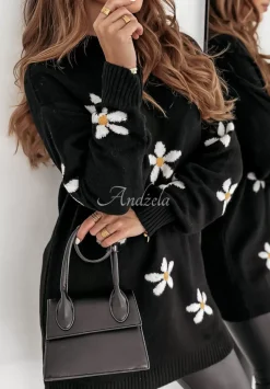 Dlugi Sweter W Kwiaty Daisy Delight Czarny