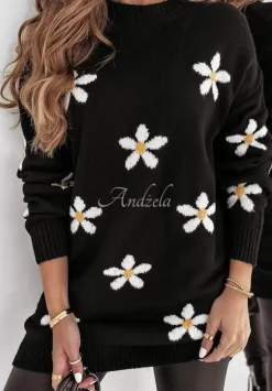 Dlugi Sweter W Kwiaty Daisy Delight Czarny
