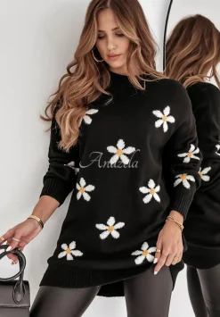 Dlugi Sweter W Kwiaty Daisy Delight Czarny