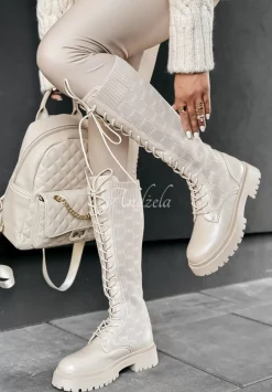 Dlugie Sznurowane Kozaki We Wzory Charming Lady Bezowe