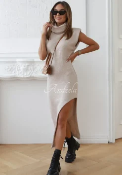 Dzianinowa Sukienka Z Golfem I Rozcieciem Cocomore Behind My Smile Bezowa