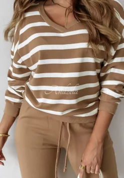Dzianinowy Komplet W Paski Stripes All Over Camelowy