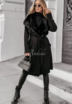 Dzianinowy Plaszcz Z Futrem Autumn Rain Czarny